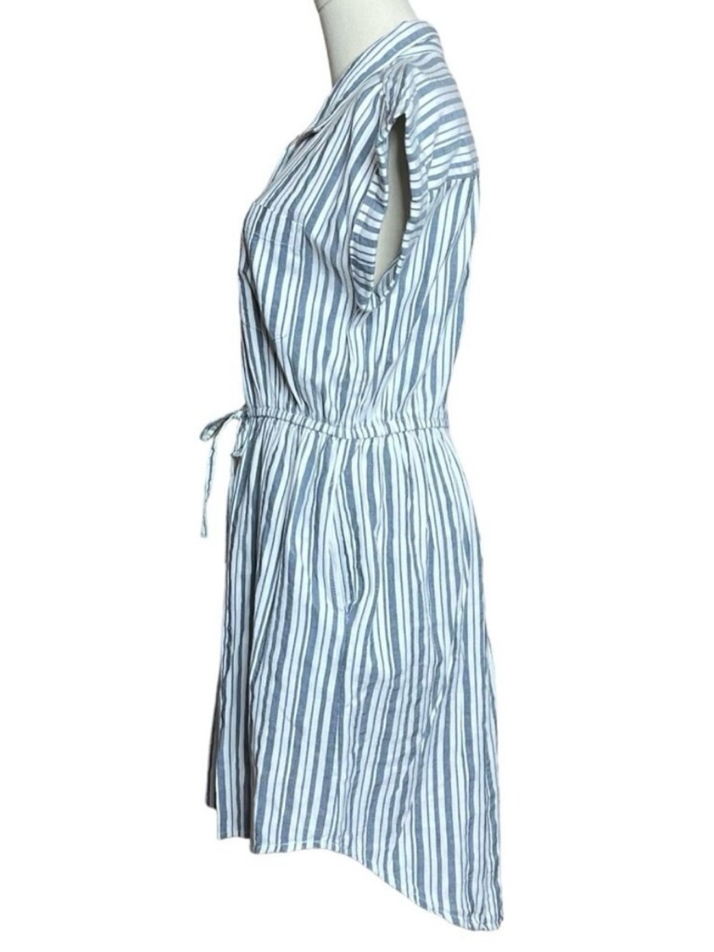 Japna Striped 100% Cotton NEW Button Up Mini Shirt Dress Pockets Collared Size S - Picture 2 of 9